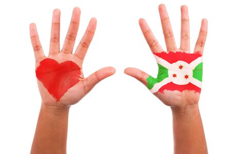 African hands with a painted heart and burundian flag, i love burundi concept, isolated on white backgroundの写真素材