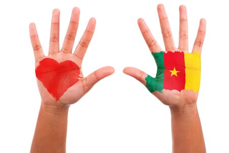 African hands with a painted heart and cameroon flag, i love cameroon concept, isolated on white backgroundの写真素材
