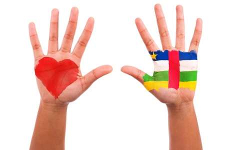 African hands with a painted heart and  i love  central african republic flag, i love  i love  central african republic concept, isolated on white backgroundの写真素材