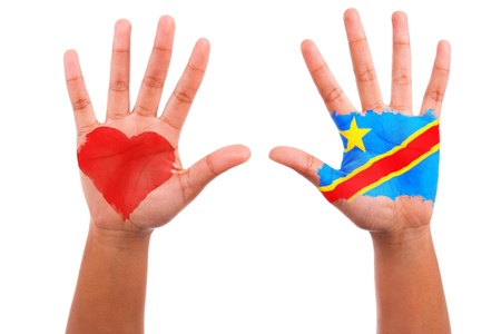 African hands with a painted heart and congolese flag, i love congo concept, isolated on white backgroundの写真素材