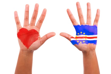 African hands with a painted heart and cape verdean flag, i love cape verde concept, isolated on white backgroundの写真素材