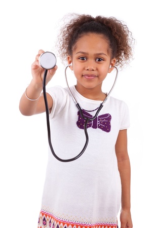 Young african asian girl holding a stethoscope, isolated on white backgroundの写真素材