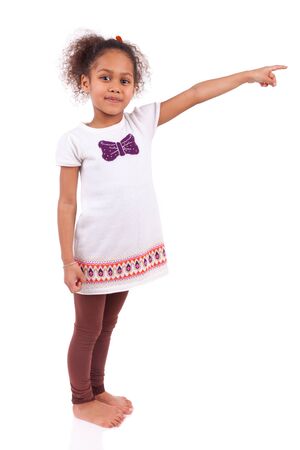 African Asian girl pointing something, isolated on white backgroundの写真素材