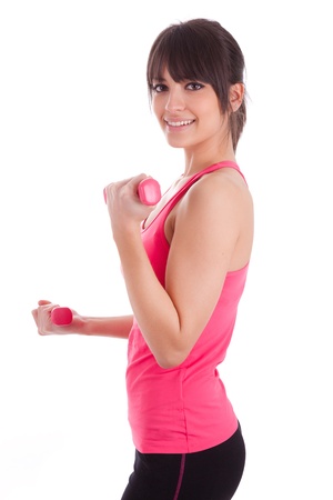 Portrait of a fitness woman working out with free weights,isolated on white backgroundの写真素材