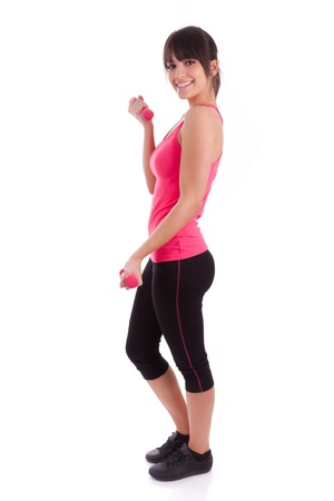 Portrait of a fitness woman working out with free weights,isolated on white backgroundの写真素材