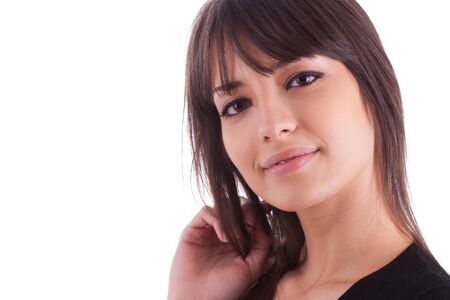 Close up portrait of young beautiful caucasian woman, isolated on white backgroundの写真素材