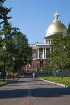Freedom trail red line crossing common park in Boston  Massachusettsの写真素材