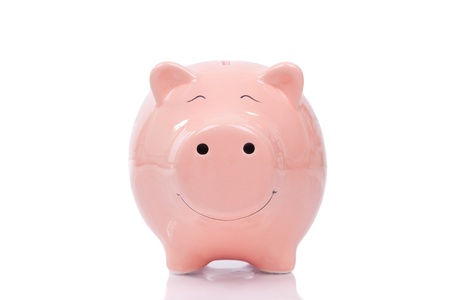 Smiling  Piggy bank isolated on white backgroundの写真素材