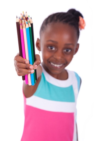 Cute black african american little girl holding color pencil, isolated on white background - African people - Childrenの写真素材