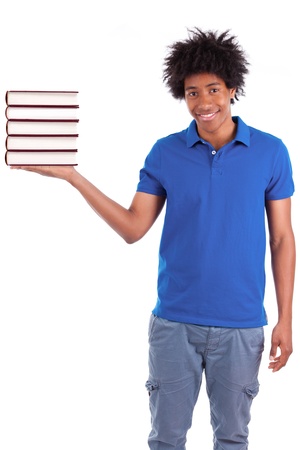 Young black teenage student men holding books, isolated on white background - African peopleの写真素材