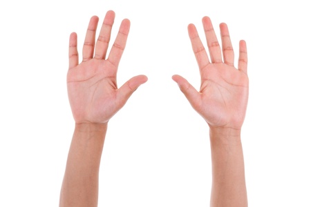 Young caucasian man sowing his hands palm, isolated on white backgroundの写真素材