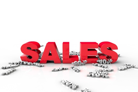 3D discount text falling on 3d text sales, isolated on white background