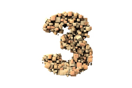 Number three shape  build with wood particles, over white backgroundの写真素材
