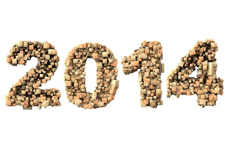 3d 2014 date build with wood particles, over white backgroundの写真素材