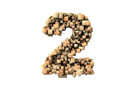 Number two shape  build with wood particles, over white backgroundの写真素材