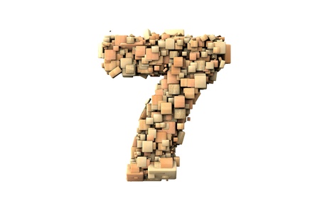 Number seven shape  build with wood particles, over white backgroundの写真素材