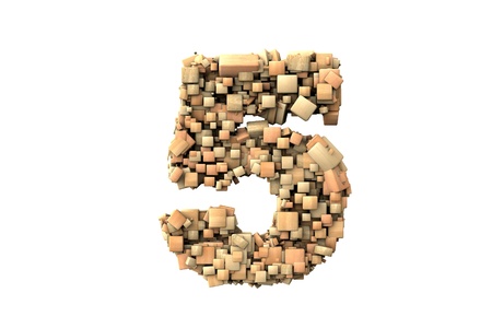 Number five shape  build with wood particles, over white backgroundの写真素材