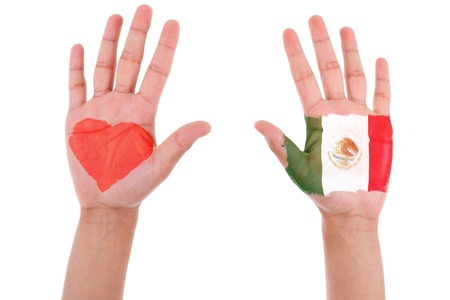 Hands with a painted heart and mexican flag, i love mexico concept, isolated on white backgroundの写真素材