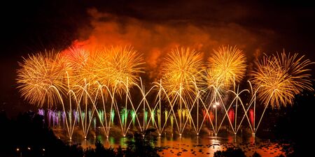 Fireworks over the city of Annecy in France for the Annecy Lake partyの写真素材