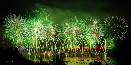 Fireworks over the city of Annecy in France for the Annecy Lake partyの写真素材