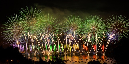 Fireworks over the city of Annecy in France for the Annecy Lake partyの写真素材