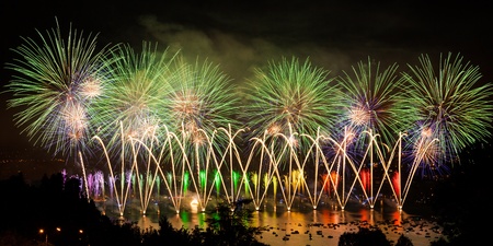 Fireworks over the city of Annecy in France for the Annecy Lake partyの写真素材