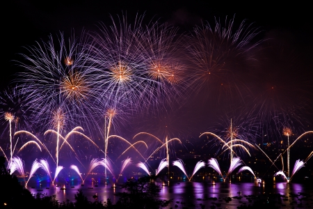 Fireworks over the city of Annecy in France for the Annecy Lake partyの写真素材