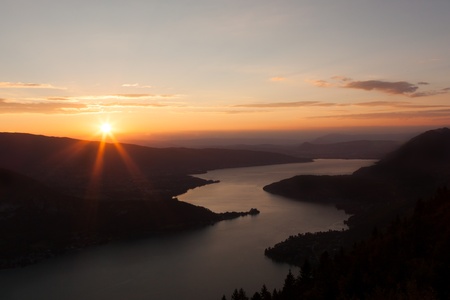 Sunset view of the Annecy lake from  Col du Forclazの写真素材