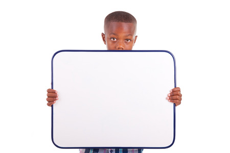 African American school boy holding a blank board, isolated on white background - Black peopleの写真素材