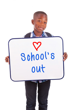 African American school boy holding a blank board, isolated on white background - Black peopleの写真素材