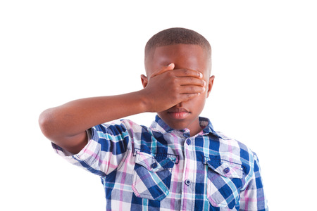 African American boy hiding eyes, isolated on white background  - Black peopleの写真素材