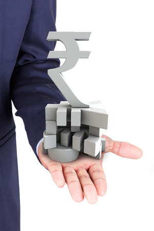 Business man holding currencies symbol, isolated on white backgroundの写真素材