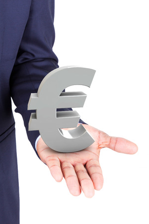 Business man holding euro currency symbol, isolated on white backgroundの写真素材