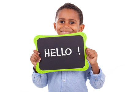 African American school boy holding a blank  black board, isolated on white background - Black peopleの写真素材