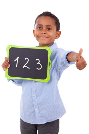 African American school boy holding a blank  black board, isolated on white background - Black peopleの写真素材