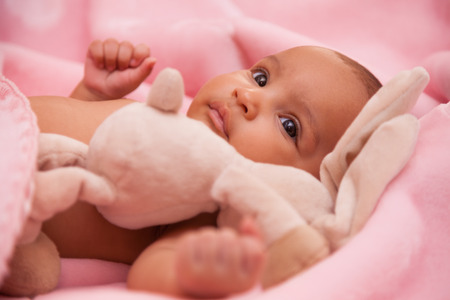 Adorable little african american baby girl playing with a plush - Black peopleの写真素材