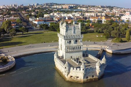 Aerial view of Belem tower - Torre de Belem  in Lisbon, Portugalのeditorial素材