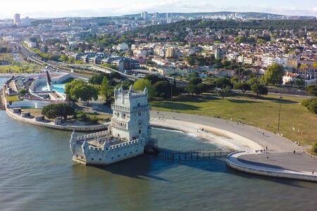 Aerial view of Belem tower - Torre de Belem  in Lisbon, Portugalのeditorial素材