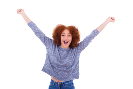 Black happy  African American girl  raising arms up, isolated on white backgroundの写真素材