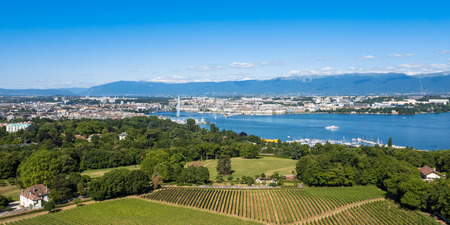 Aerial view of Leman lake -  Geneva city in Switzerlandの写真素材