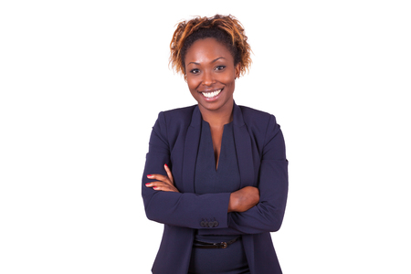 African American woman with folded arms, isolated on white background - Black peopleの写真素材