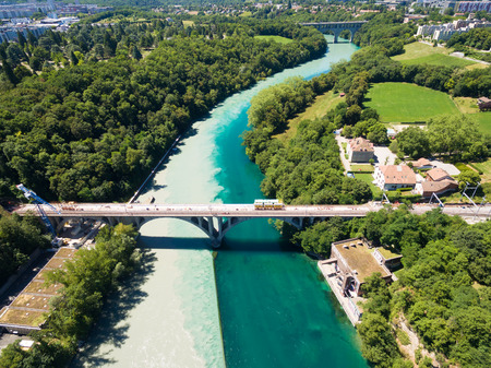 Aerial view of Arve an Rhone river confluent in  Geneva Switzerlandの素材 [FY31064919861]