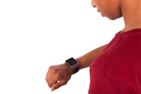 African American person wearing a smart watch, isolated on white backgroundの写真素材