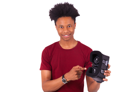 African American young man giving a vr virtual reality headset over white background