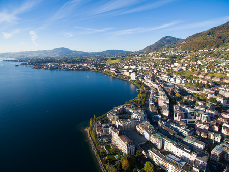 Aerial view of Montreux waterfront, Switzerlandの写真素材