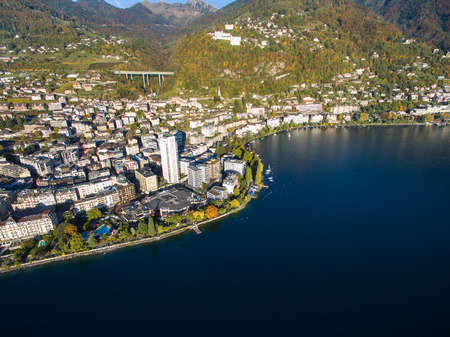 Aerial view of Montreux waterfront, Switzerlandの写真素材