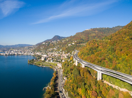 Aerial view of Montreux waterfront, Switzerlandの写真素材