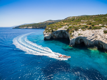 Aerial  view of  Agios Nikolaos blue caves  in Zakynthos (Zante) island, in Greeceの写真素材