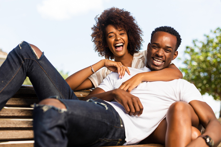 Outdoor protrait of black african american couple embracing each otherの写真素材