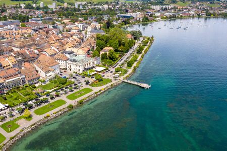Aerial view of Morges city waterfront in the border of the Leman Lake in  Switzerlandの写真素材